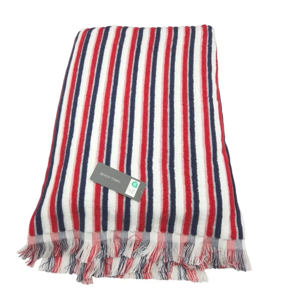 Rachel Zoe Americana Striped Oversized Beach Towel With Fringe 40x70 Pool Resort
